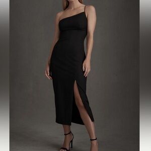 BHLDN black cocktail dress with open back and one shoulder strap